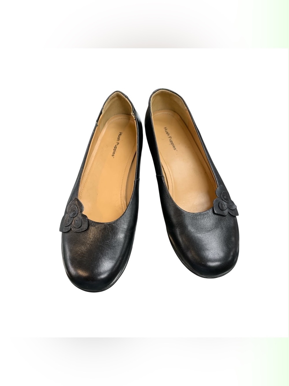 Hush Puppies Black Leather Ballet Flats with Floral Accent S9